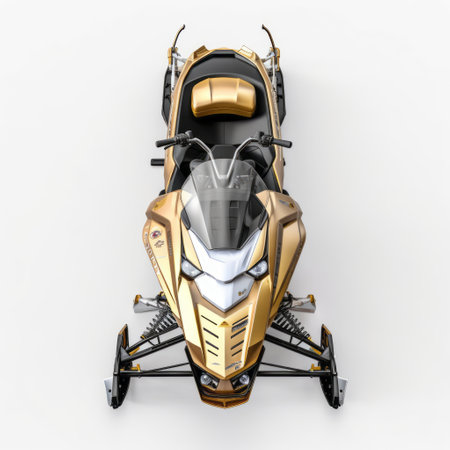 the golden snowmobile with a black seat is a stunning piece of art that combines hyper-realistic animal illustrations with royalcore style. the highly polished surfaces and precisionist lines give it a sleek and modern look, while the low-angle shots highlight its impressive design. the light silver and light bronze colors add a touch of elegance to this masterpiece. this snowmobile is a perfect example ofの素材