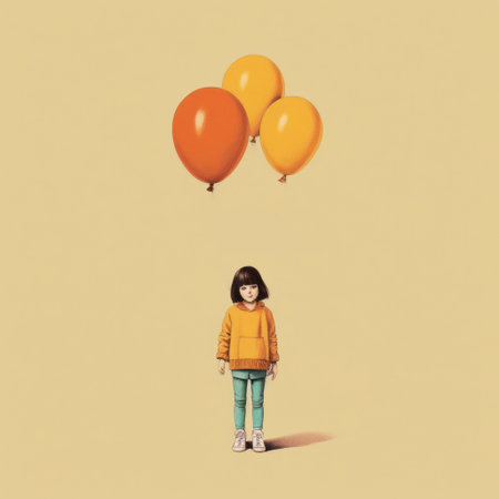 the cartoon girl in this artwork is using balloons to balance the other girls, creating a whimsical and playful scene. the style of the piece is reminiscent of artists such as nicolas bruno, liu ye, and serge marshennikov, with a color palette of dark yellow and light orange. the hyper-realistic animal illustrations and minimalist sketches add depth and texture to the piece. this artwork isの素材