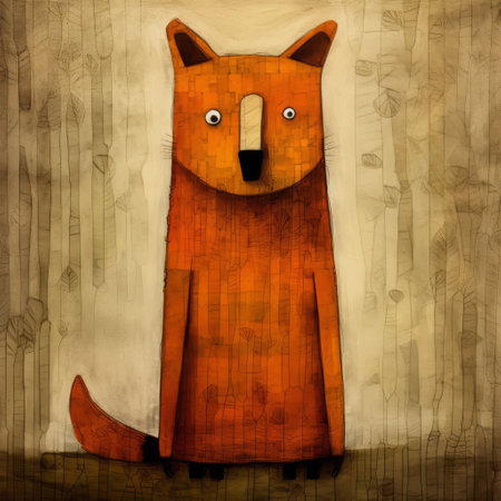 the abstract fox in this photo is a stunning example of rustic futurism. with its cartoon-like figures and playful figurative renditions, this piece is sure to catch the eye of any art lover. the fox's eyes on its head are particularly striking, drawing the viewer in with their intensity. the use of earthy colors and textured illustrations adds to the overall charm of the piece.の素材