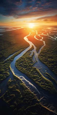 a breathtaking national geographic photo captures the stunning beauty of a river flowing through an aeolian landscape at sunrise. the intricate lines and organic material in the image create a mesmerizing effect, while the birds-eye-view perspective offers a unique glimpse into the lively coastal landscapes. the backlight adds a touch of magic to the scene, making it a truly unforgettable sight. this photo, in theの素材