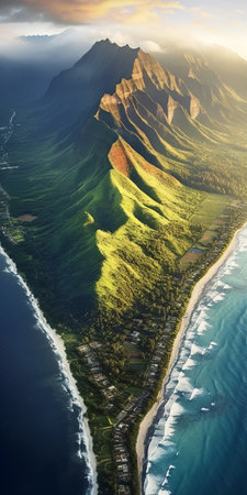 hawaii's southeastern coast is a breathtaking sight to behold in this stunning drone hd video. the realistic and hyper-detailed renderings, reminiscent of david burdeny's style, capture the photo-realistic landscapes in all their glory. the golden light casts a warm glow over the mountainous vistas, while the light green hues add a touch of tranquility to the scene. felipe pantone's influence is evident in the mesmerizingの素材