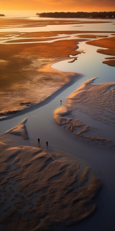 a dog is captured walking on the sandy beach during the beautiful sunset. the aerial photography style adds a unique perspective to the landscape, which is inspired by the terrain of northern china. the hyper-realistic water and the use of zeiss batis 18mm f28 lens make the image even more stunning. the dutch landscape and romantic riverscapes are also evident in the photo, making itの素材