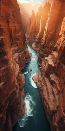 the narrow canyon in this photo is a stunning fusion of water and land, captured in the unique style of joel robison and john wayne gacy. the color palette of teal and beige is complemented by pops of light red and dark emerald, creating a visually striking image. the scene is reminiscent of the iconic american west, with classic cars and the influence of architectの素材
