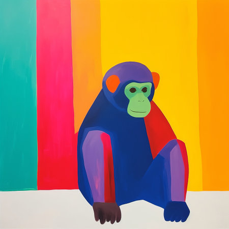 the monkey painting is a vibrant and colorful piece of art that features a monkey in front of a stunning and colorful background. the painting is done in the style of anne truitt, with a sensitivity to the natural world that is reminiscent of noah bradley's work. the bold lines and vivid colors used in the painting are reminiscent of ramses younan's depictions of animals,の素材