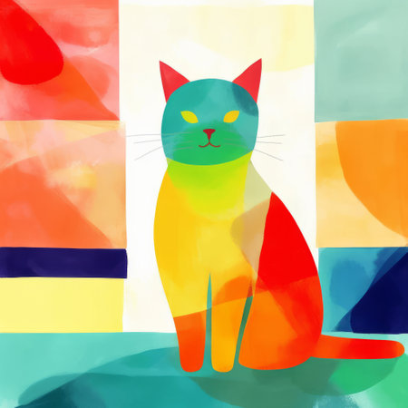 the "cat with rainbow colors" painting is a stunning piece of art that will captivate any abstract minimalism appreciator. the use of light emerald and crimson colors in flat color blocks creates a bold graphic illustration that is both eye-catching and thought-provoking. the pensive stillness of the cat in the painting is enhanced by the solarization effect, making it a unique and mesmerizing piece ofの素材