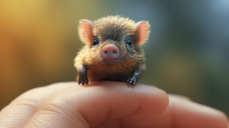 this epic concept art by aleksander gierymski depicts a cute little pig sitting on top of a person's finger. the painting is highly detailed and rendered in keyshot, resulting in a close-up photo that showcases the intricate bokeh and 8k resolution. the pig is very tiny and young, making it one of the cutest portraits you'll ever see. ai generatedの素材