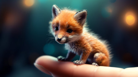 this stunning photorealistic painting by aleksander gierymski depicts a cute little fox sitting on top of a person's finger. the painting is highly detailed and rendered in 8k, with intricate bokeh in the background. the fox is the main subject of the painting and is portrayed as a young and cute creature, making it one of the cutest portraits you'll ever see. the painting isの素材