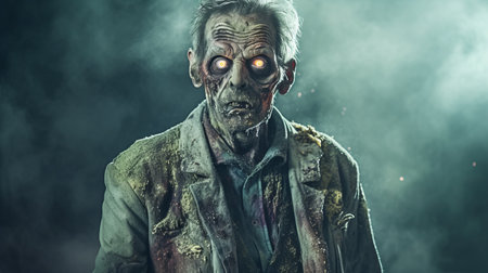 the photo features an older man dressed in a suit with fake glowing eyes, in the style of zombiecore. the image is captured in color photography by the pioneer aleksi briclot, with a realistic yet stylized approach. the man's gray and bronze appearance adds to the eerie vibe of the photo. the image is reminiscent of historical illustrations and captures the essence of suburban ennui.の素材