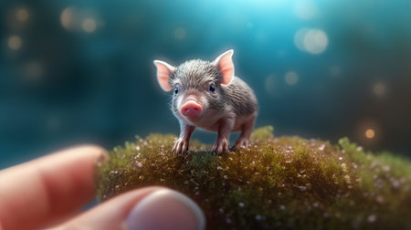 this epic concept art depicts a cute little pig sitting on top of a person's finger. the painting is highly detailed and rendered in keyshot, resulting in a close-up photo that showcases the intricate bokeh and 8k resolution. the young and cute portrait of the pig is one of the cutest you'll ever see. ai generatedの素材