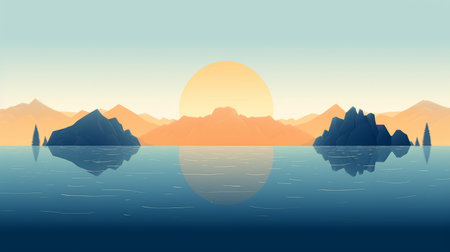 this stunning illustration depicts a serene ocean with islands and a tranquil lake in the foreground, all set against a breathtaking sunrise. the flat background style and calming symmetry create a sense of peacefulness, while the realistic scenery and solarizing master add a touch of drama. the orange and blue color scheme perfectly captures the warmth and tranquility of the scene. the mountainous vistas inの素材