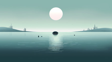the photo showcases a serene sunset over a calm body of water, depicted in a minimalist surrealism style with simplistic vector art. the color palette features light black and dark aquamarine, while the realistic forms of spherical sculptures, mystical creatures, and landscapes add a touch of mysticism to the scene. the flat perspective of the image enhances the overall minimalist feel, making it a perfectの素材