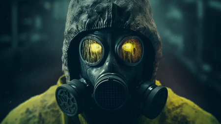 the gas mask man is a striking image of a figure wearing a gas mask, set against a backdrop of dark yellow and dark gray. the cross processing technique adds to the apocalyptic feel of the image, while the photorealism brings the figure to life. the 32k uhd resolution ensures every detail is captured, from the soggy texture of the clothing to the intricate detailsの素材