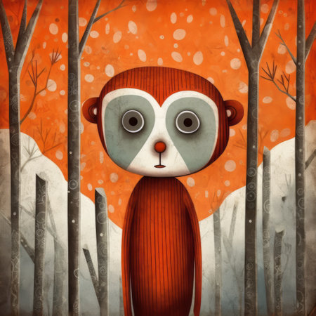 the monkey in this photo stands out with its red and brown fur against the snowy background. the surreal style of the illustration is reminiscent of artists like brian despain, paul corfield, and andy kehoe. the dark orange and white colors of the monkey contrast with the orange and gray tones of the snow. this charming character illustration is sure to catch the eye ofの素材
