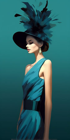 the woman in this digital painting is wearing a stunning blue dress and a large feather on her head, adding a touch of elegance to her overall look. the artist has used a simple yet sophisticated style, with smooth lines and high-contrast shading in dark teal and sky-blue hues. the soft shading technique used in this artwork gives it a dreamy and ethereal feel. thisの素材
