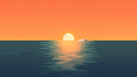 an iceberg floating in the sea with the sun shining down on it is depicted in this minimalist illustration. the calm waters are illustrated in a realistic perspective, with a yellow and orange color scheme. the romantic moonlit seascapes are also depicted in light red and teal colors. this illustration is in the style of psychological phenomena illustrations, with a focus on the beauty andの素材