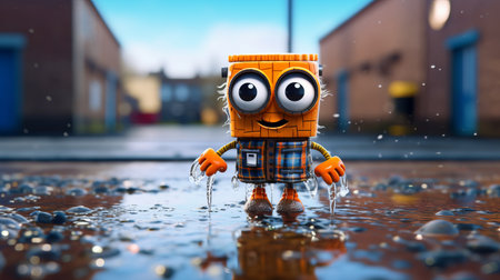 meet f, a tiny scottish robot guy with a patriotic flair. he wears a tartan kilt and tam o' shanter hat while swimming in a puddle of irn bru. his crazy eyes and theatrical expressionism make for a dramatic and cinematic scene with crisp details, sharp focus, and dynamic lighting. the perfect composition is captured with canon ef 16-35mm f/2.8l iii usm lens, while globalの素材