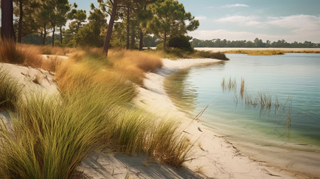 grass and bushes grow out of the shore of the water in this photorealistic rendering. the light gold and turquoise hues create a stunning contrast against the natural landscape. this national geographic photo captures the essence of arcadian landscapes and outdoor scenes. the artwork, created by mike winkelmann, depicts the beauty of the southern countryside. ai generatedの素材