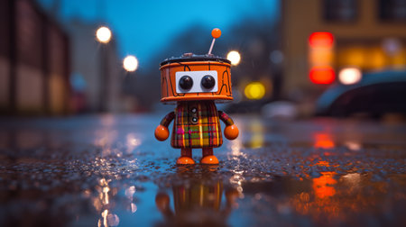meet f, a tiny scottish robot guy with a patriotic flair. he wears a tartan kilt and tam o' shanter hat while swimming in a puddle of irn bru. his crazy eyes and expressionistic features make him theatrical and dramatic. the crisp details and cinematic feel of the scene are enhanced by dynamic lighting and perfect composition. shot with a canon ef 16-35mm f/2.8l iiiの素材