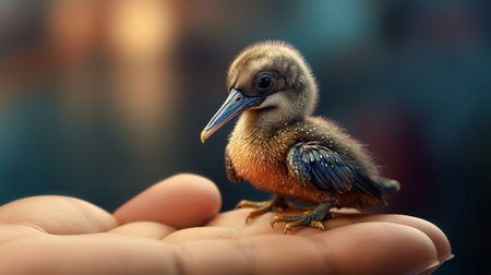 the bird perches delicately on the outstretched hand, captured in stunning detail through the use of digital painting techniques. the miniature sculpture-like quality of the image adds to its child-like innocence, while the exotic realism of the bird transports the viewer to far-off lands. created using zbrush, this uhd image showcases the intricate details of the bird's feathers and features. perfect for those who appreciateの素材
