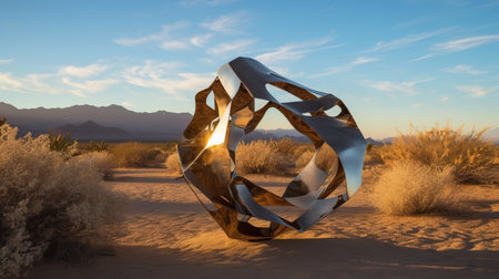 the sculpture in this photo is a stunning example of organic geometries, created by artist mike campau. it sits perched on the edge of a desert, with majestic mountains in the background. the sculpture is crafted from light bronze and silver, and features open form and radiant clusters. this piece is reminiscent of the work of richard deacon, and the uhd image captures every detailの素材