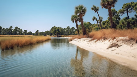 the photo showcases the stunning flora and fauna of palmetto beach in jacksonville, fl. the hyper-realistic water, beige and azure colors, and pastoral landscape create a dreamlike imagery that transports you to this mediterranean-inspired location. the playful and vibrant desertwave adds a touch of whimsy to the scene, making it a perfect fit for national geographic. this photo captures the essence of the natural beautyの素材