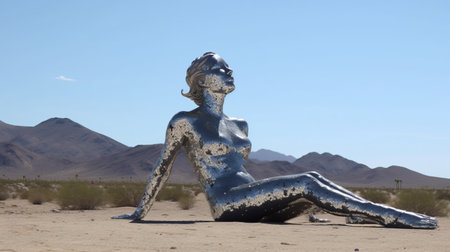 the silver woman stands tall on a silver statue in the middle of the desert, creating a striking contrast against the barren landscape. this subversive public art piece, in the style of arte povera, showcases non-representational art that challenges traditional norms. the statue appears burned and charred, adding to its raw and powerful aesthetic. the frontal perspective of the photograph captures the full essence ofの素材