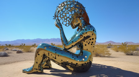 eugene jomiatr, a talented 3d artist, is set to unveil a new sculpture this year. the sculpture will be created in the style of desertpunk, amanda sage, pensive poses, nuclear art, outdoor art, human connections, and celestialpunk. the public can expect a unique and captivating piece that showcases jomiatr's artistic prowess. with a focus on human connections and celestial elements, the sculpture is sure toの素材