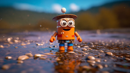 meet h, the tiny scottish robot wearing a tartan kilt and tam o' shanter hat, swimming in a puddle of irn bru. with crazy eyes and theatrical expression, h is a dramatic and patriotic character with crisp details and cinematic appeal. the sharp focus, dynamic lighting, and perfect composition of this scene are captured using the canon ef 16-35mm f/2.8l iii usm lens, with globalの素材