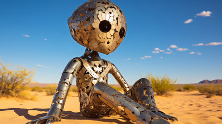 the metal sculpture in this national geographic photo is a stunning example of plush doll art, set against the backdrop of the desert. with twigs sticking up and robotic motifs, this sculpture is a true work of art. the shiny eyes and pensive poses of the figures add to the overall effect, making this a truly captivating image. shot in 32k uhd with rtx on,の素材