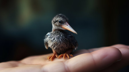 baby birds with long beaks are perched on the hand of a person in this stunning photograph. the image is rendered in the style of the dusseldorf school of photography, with a dappled, flickering effect that adds depth and texture. the shallow depth of field draws the viewer's eye to the birds, while the marine painter and duckcore elements add a touch of whimsy andの素材