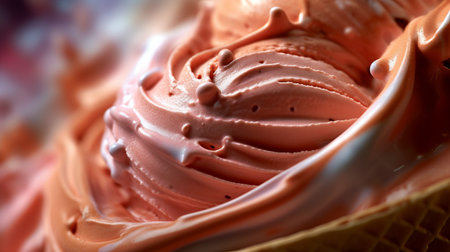 scoop of ice cream, sculpted in zbrush, captured in macro perspectives with layered complexity. the light red and pink hues add a touch of sweetness to the 32k uhd image. the raw vulnerability of the ice cream scoop is highlighted by the flowing draperies in the background. ai generatedの素材