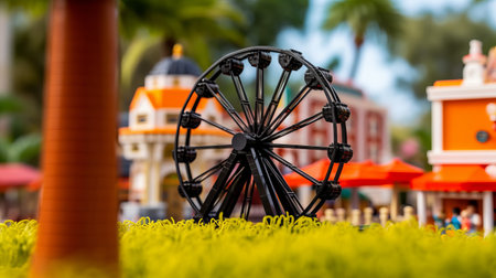 this photo captures a delightful scene of toy trains, mini trains, and a ferris wheel from around the world. the image is shot in the style of nikon d850, with an orange and black color scheme that perfectly complements the delicately rendered landscapes and streetscape. the photo also features goa-inspired motifs and adorable toy sculptures that add to the charm of the scene. the dutchの素材