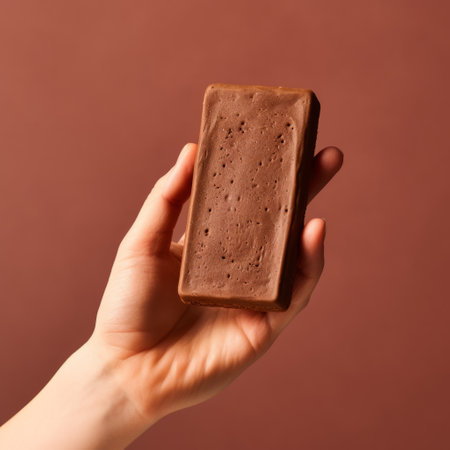 the chocolate bar in this photo is held by a person against a vibrant red background. the smooth and polished style of the image gives it a modern feel, while the rusticcore and neo-concrete elements add a touch of rawness. the dream-like quality of the photo is enhanced by the soft lighting and booru aesthetic. this image captures a sense of suburban ennui, as ifの素材