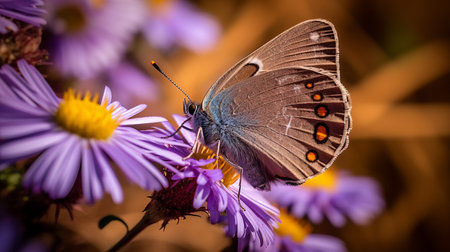 the butterfly perches delicately on the vibrant flowers, set against a rich, dark brown background. the image is captured in high dynamic range, with spot metering to highlight the intricate details of the butterfly's wings. the result is a stunning ultra-high definition photograph, showcasing the beauty of nature-inspired forms. the color palette of brown and azure evokes a sense of american iconography, making this imageの素材