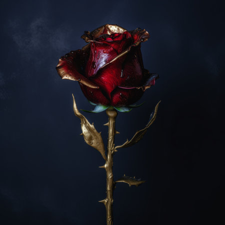 a red rose sits atop a gleaming gold base, evoking the aesthetics of a b-movie. the dark composition of the image is accentuated by the use of dark gold and dark azure tones, reminiscent of cinematic stills. the photo has been minimally retouched, allowing the sculpted rose to take center stage. the fairytale-inspired image is both enchanting and mysterious, perfect for those who appreciate theの素材