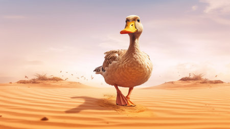 goose in the desert, a surrealistic portrait of a realistic animal walking across the sand. the comical caricature of the goose is highlighted by the matte painting technique, while the detailed character design adds depth to the image. the cross-processing effect enhances the colors and textures of the scene, creating a unique and captivating visual experience. this duckcore-inspired artwork merges different styles and techniques, resultingの素材
