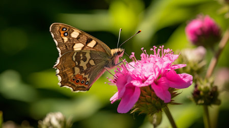 the ewe swallowtail butterfly is captured beautifully in this image, perched on a delicate pink flower during the spring or summer season. the photograph is taken in the style of tokina opera 50mm f14 ff, resulting in a high-quality uhd image with stunning chromatic variations of light brown and brown. the background is mottled, adding depth to the image, and the photographer, stephen shortridge, hasの素材