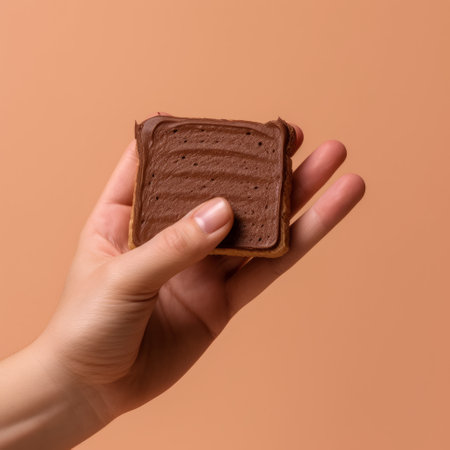 a delicious slice of chocolate bread is held by a hand in this industrial-style photo. the optical illusion created by the vibrant colors and soft pastels on the beige background make this image stand out. the use of intel core technology and tumblewave design elements add to the modern feel of the photo. shot with iso 200, this image is sure to catch the eyeの素材