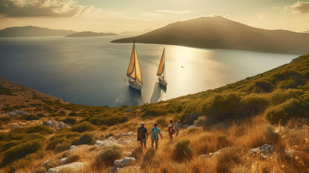 tourists enjoy the serene beauty of the beach as they watch a sailboat near an island. the photo is captured in the style of mike campau, with golden light and nature-inspired installations. the byzantine gold leaf accents add a touch of elegance to the scene. the photo titled "passage" by georg jensen perfectly captures the essence of nature and its calming effect on the humanの素材