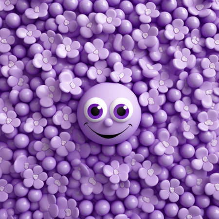 the photo showcases a bulbous, plastic face with a cheerful smile, surrounded by a collection of purple flowers. the image is rendered in the style of cinema4d by dima dmitriev, using a monochromatic color scheme. the zany humor of the piece is evident in the exaggerated features of the face and the playful arrangement of the flowers. overall, the photo is a whimsical and eye-catchingの素材
