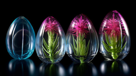 four stunning glass vases, each filled with vibrant floral arrangements, are captured in this photograph. the vases resemble the intricate and captivating style of resin jewelry, while the use of ultraviolet photography highlights their sharp and prickly details. the fine feather details of the flowers are also brought to life, appearing almost like luminous spheres. the image was captured using a fujifilm natura 1600 camera,の素材