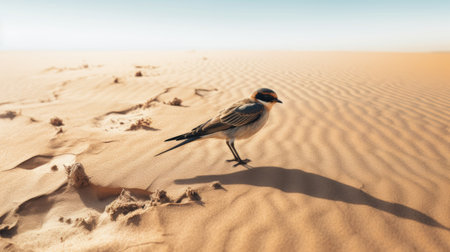 a bird stands on the sand with its shadow cast beside it, in a stunning display of nature-based patterns. the image is captured in the style of tilt-shift photography, with a wide-angle lens that emphasizes the delicate markings on the sand dune. the surrealistic elements of the scene are enhanced by the orientalist landscapes, creating a realistic scenery that is both beautiful and captivating. theの素材