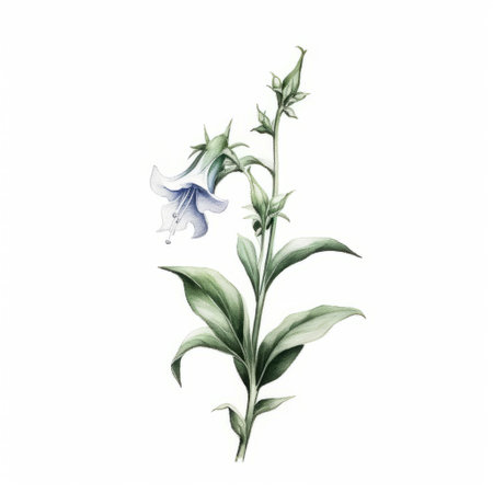 this beautiful blue bellflower is captured in a stunning watercolor drawing on a white background. the style is a mix of dark white and light green, with layered imagery that adds subtle irony to the piece. the realistic anatomies of the flower are brought to life with animated gifs, while the overall aesthetic is reminiscent of a persian miniature. despite the complexity of the piece,の素材