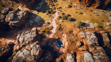 a stunning drone aerial captures a car on the tracks in sw australia, creating a captivating and emotional imagery. the photo is taken in the style of organic formations, with blue and amber hues that resemble the beauty of nature-inspired imagery. the use of cryengine technology adds a dreamscape portraiture effect to the image, making it a perfect addition to any tourist guide. the photoの素材