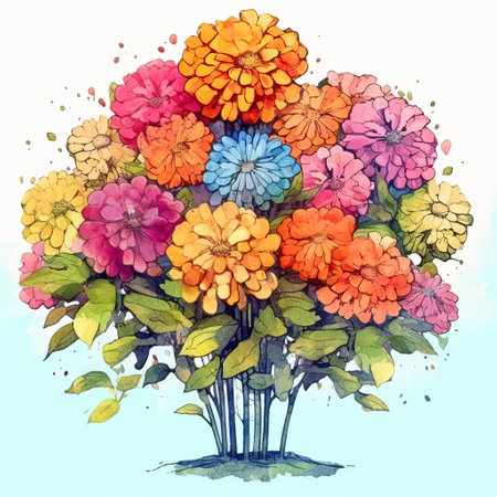 the watercolor illustrations of multicolored dali flowers are a sight to behold. these illustrations are perfect for flora and fauna illustration images and are created in the style of psychedelic artwork. the cute and colorful flowers are arranged in a symmetrical arrangement, creating a pointillist optical illusion that is simply stunning. the sky-blue and amber colors used in the illustrations are a perfect match, makingの素材