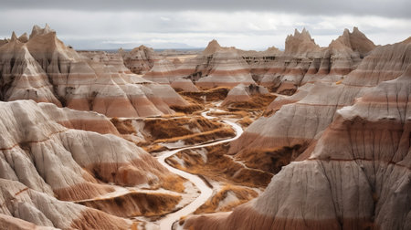 the desert vistas of badlands national park in western america are captured in this stunning national geographic photo. the surrealism-inspired style features light beige and crimson hues, with organic nature-inspired forms in gray and brown. tilt-shift lenses and sketchy lines add to the dreamlike quality of the image. this breathtaking photo showcases the unique beauty of the badlands, with its rugged terrain and otherworldly landscapes.の素材
