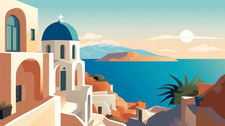 this cartoon illustration depicts a stunning stone structure built on a hill in greece, featuring religious iconography and surrounded by tropical landscapes. the vintage poster style, reminiscent of tom whalen's work, showcases coastal and harbor views with spectacular backdrops. the light azure and amber color scheme adds to the overall beauty of the scene. this artwork, with its unique blend of historical and tropical elements,の素材