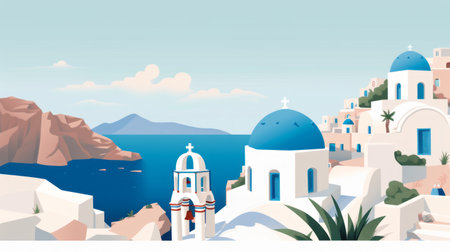 blue and white buildings adorn the picturesque scene of santorini, with a naturalistic landscape background and calm seas and skies. the bold palette of the buildings is reminiscent of biblical iconography and editorial illustrations, while the light crimson and cyan hues add a touch of byzantine iconography to the charming view. santorini is a must-visit destination for those seeking a serene and visually stunning experience.の素材