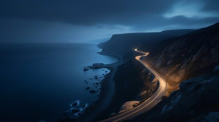 the photo showcases a stunning view of a road and mountains surrounded by water at night, with a mysterious and dreamy atmosphere. the dramatic use of lighting creates a mesmerizing effect, while the whiplash curves add a sense of movement and dynamism to the scene. the blue and amber tones enhance the overall mood, making it reminiscent of traditional british landscapes. this national geographic photoの素材