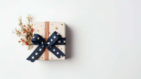 gifts wrapped with ribbon are showcased in this photo, featuring a tasteful use of negative space on a white background. the style is reminiscent of everyday americana chronicler, with light gold and navy colors adding a touch of sophistication. the precise detailing of the wrapping and ribbon adds to the overall aesthetic, which also incorporates elements of vfxfriday and y2k. the patriotic theme is evident,の素材